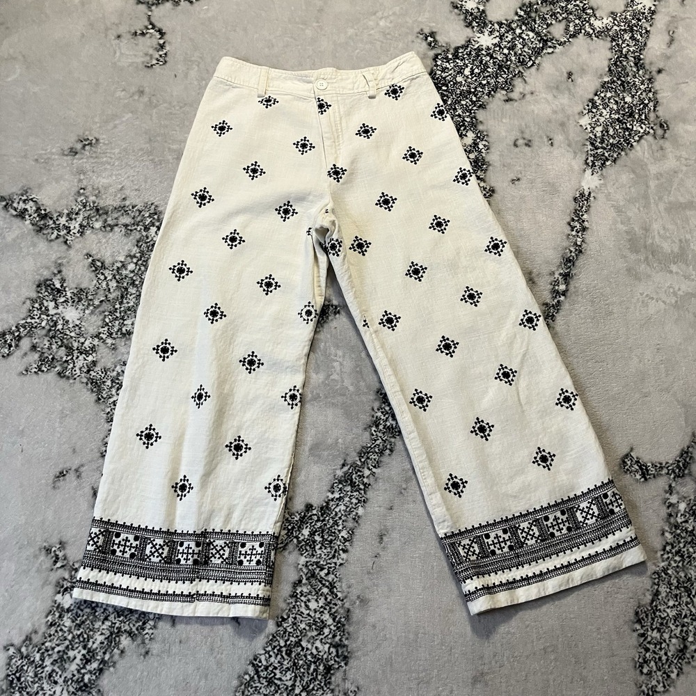Tahari Pants Womens Sz 10 Embroidered Ankle Black White Linen‎ Blend Coastal